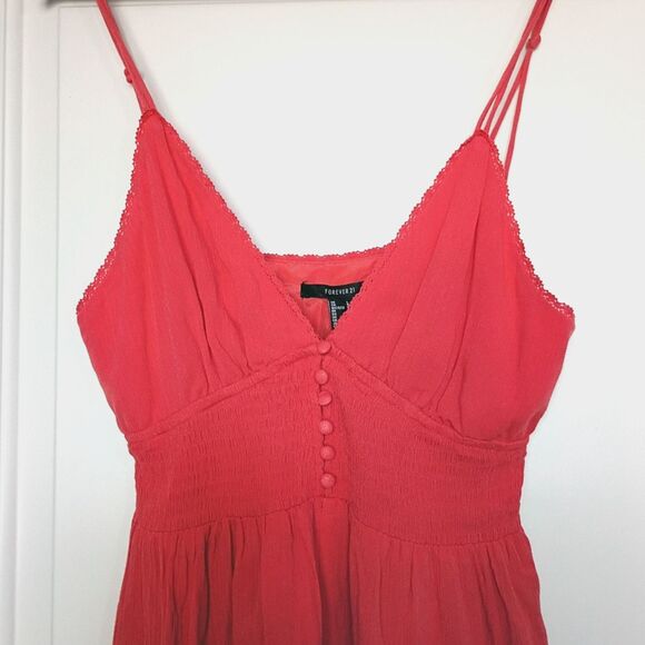 Forever 21 Stretch Crepe Babydoll Romper L Smocked Buttons Adjustable Straps Y2K - Picture 3 of 9